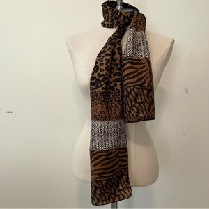 VTG Leopard Animal Print Patchwork Silk Scarf Rectangle 11.25 X 52in Brown Black